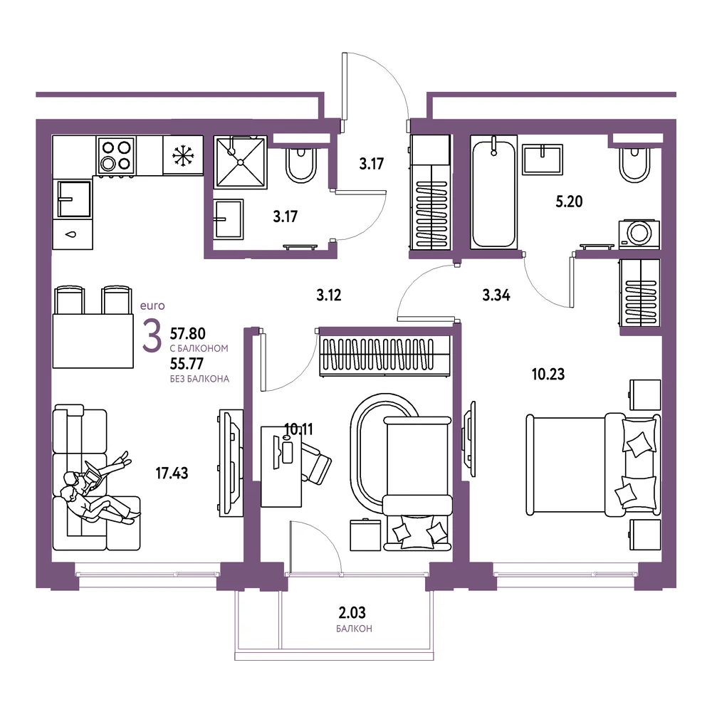Планировка: Страна.Прибрежная 3-комнатная 57,80м²