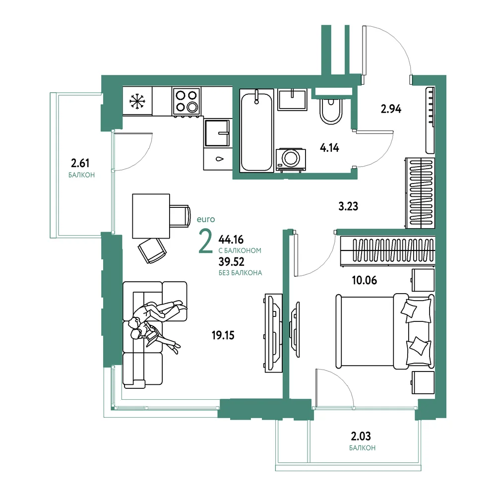 Планировка: Страна.Прибрежная 2-комнатная 44,16м²