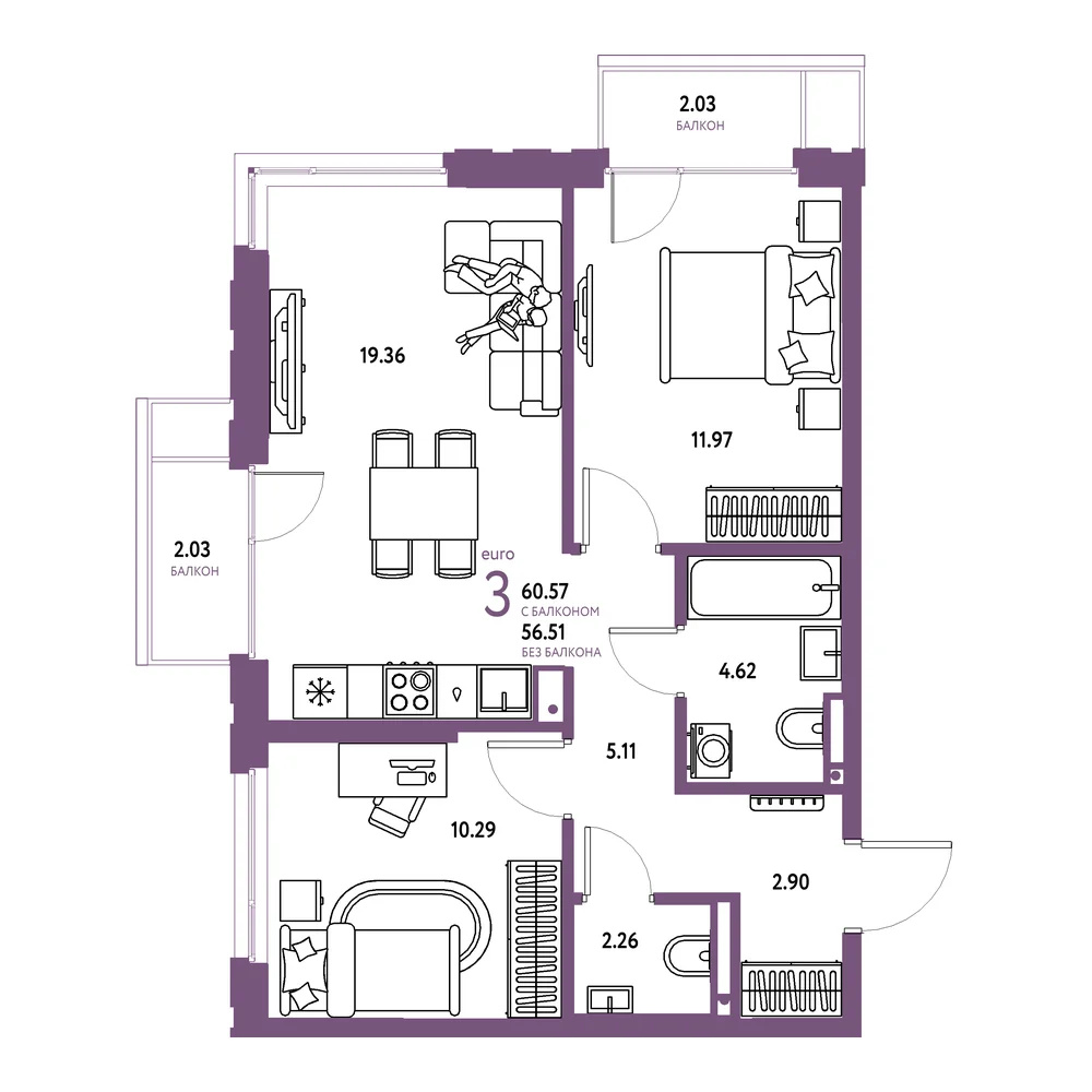 Планировка: Страна.Прибрежная 3-комнатная 60,57м²