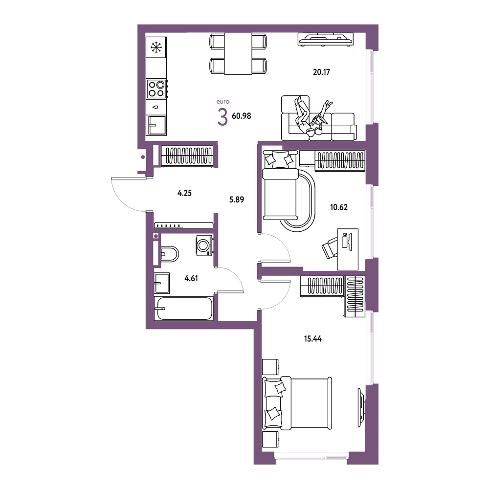 Планировка: Страна.Прибрежная 3-комнатная 60,98м²