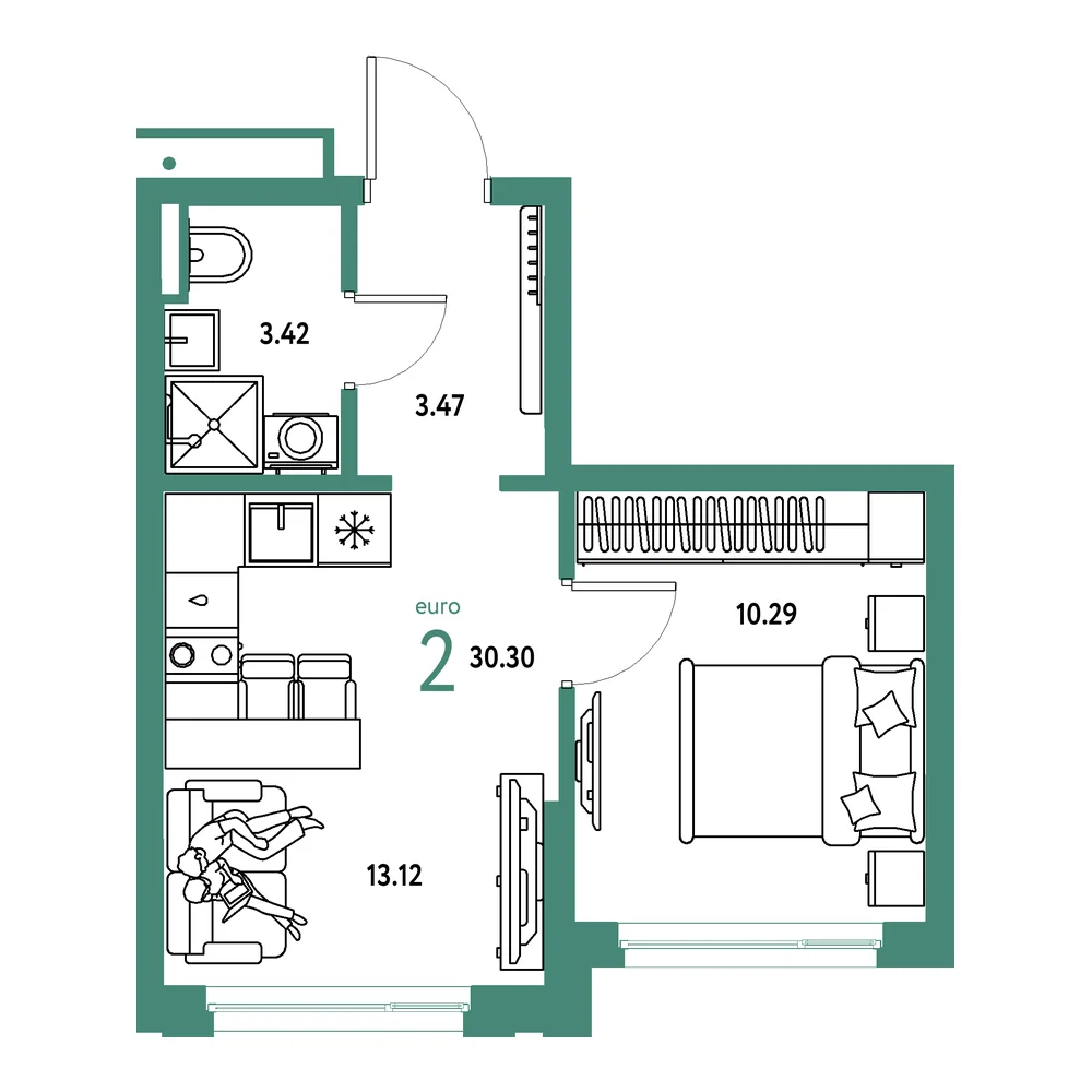 Планировка: Страна.Прибрежная 2-комнатная 30,30м²