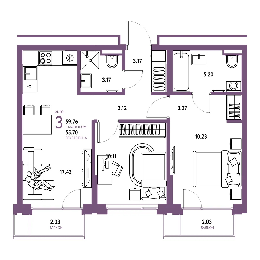 Планировка: Страна.Прибрежная 3-комнатная 59,76м²