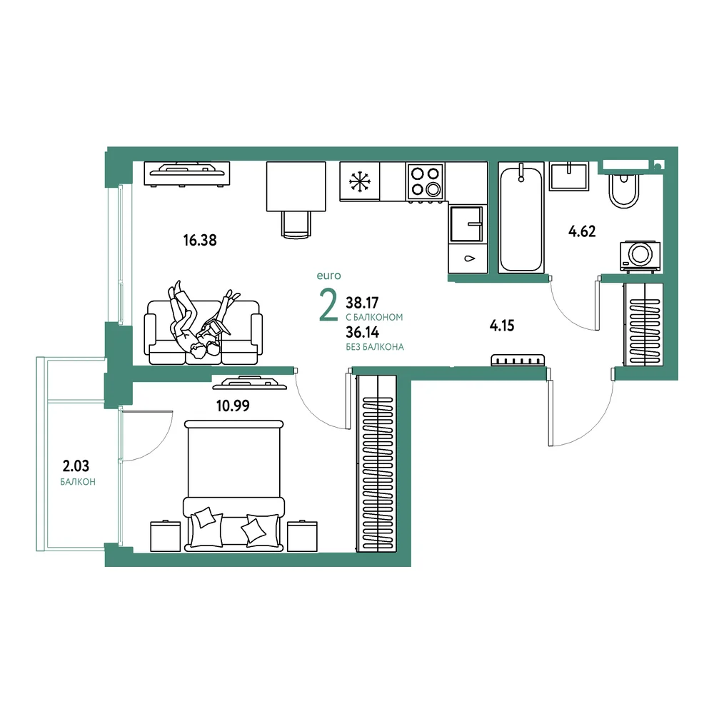 Планировка: Страна.Прибрежная 2-комнатная 38,17м²