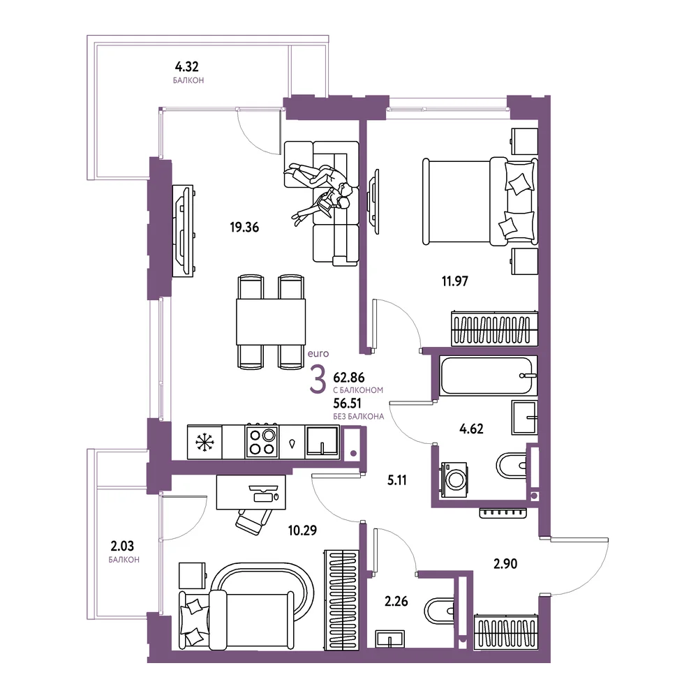 Планировка: Страна.Прибрежная 3-комнатная 62,86м²
