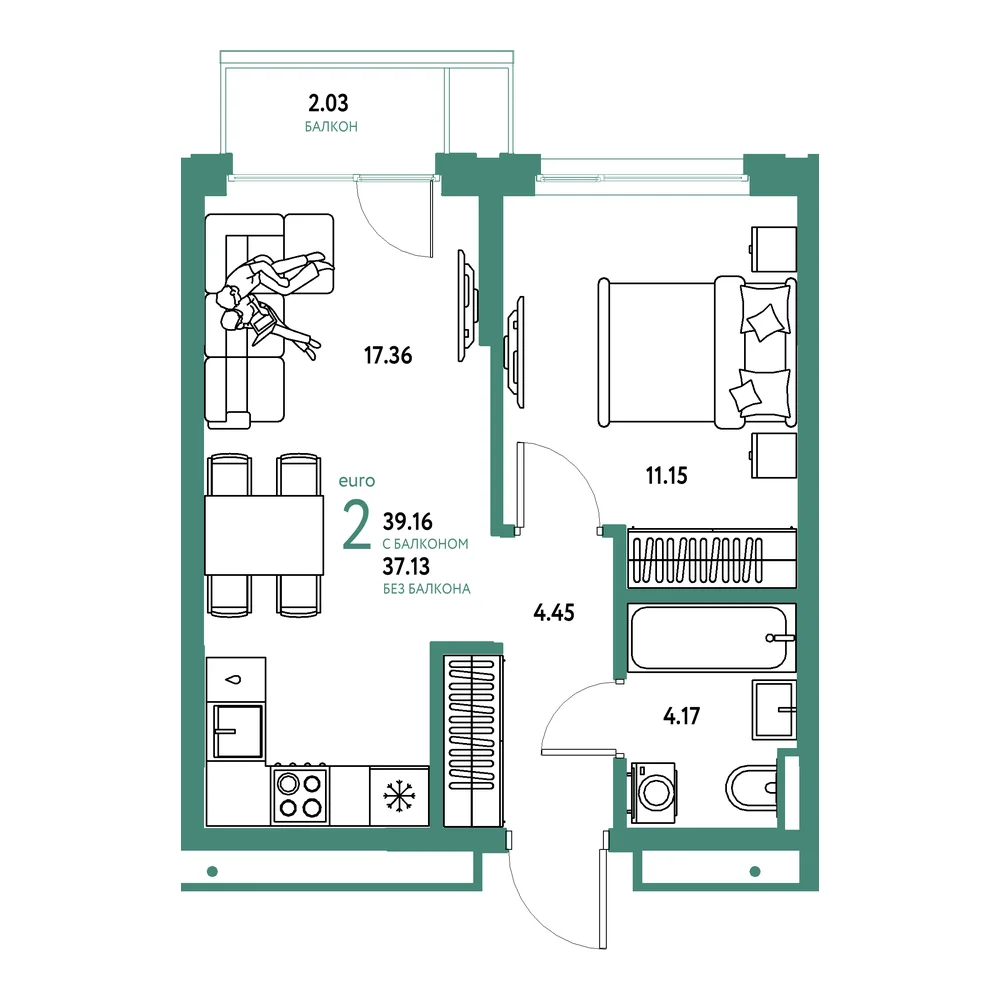 Планировка: Страна.Прибрежная 2-комнатная 39,16м²