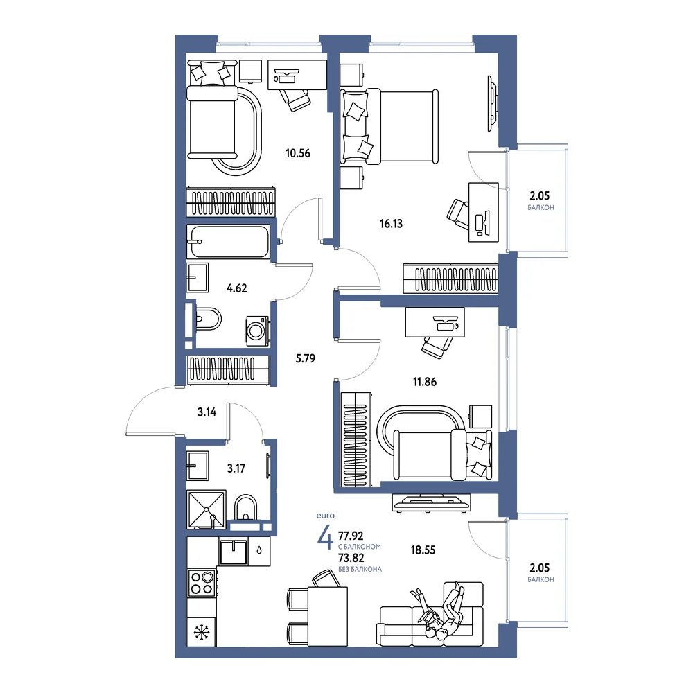 Планировка: Страна.Прибрежная 4-комнатная 77,92м²