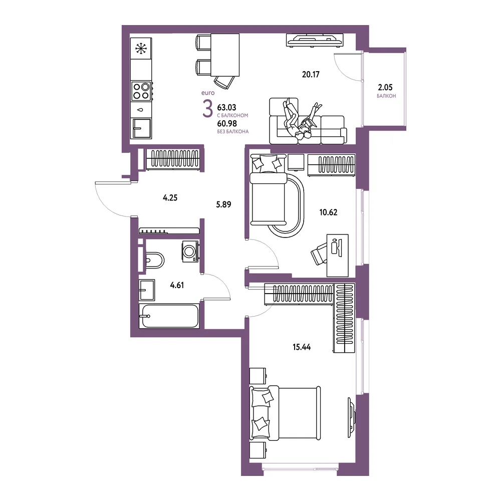 Планировка: Страна.Прибрежная 3-комнатная 63,03м²
