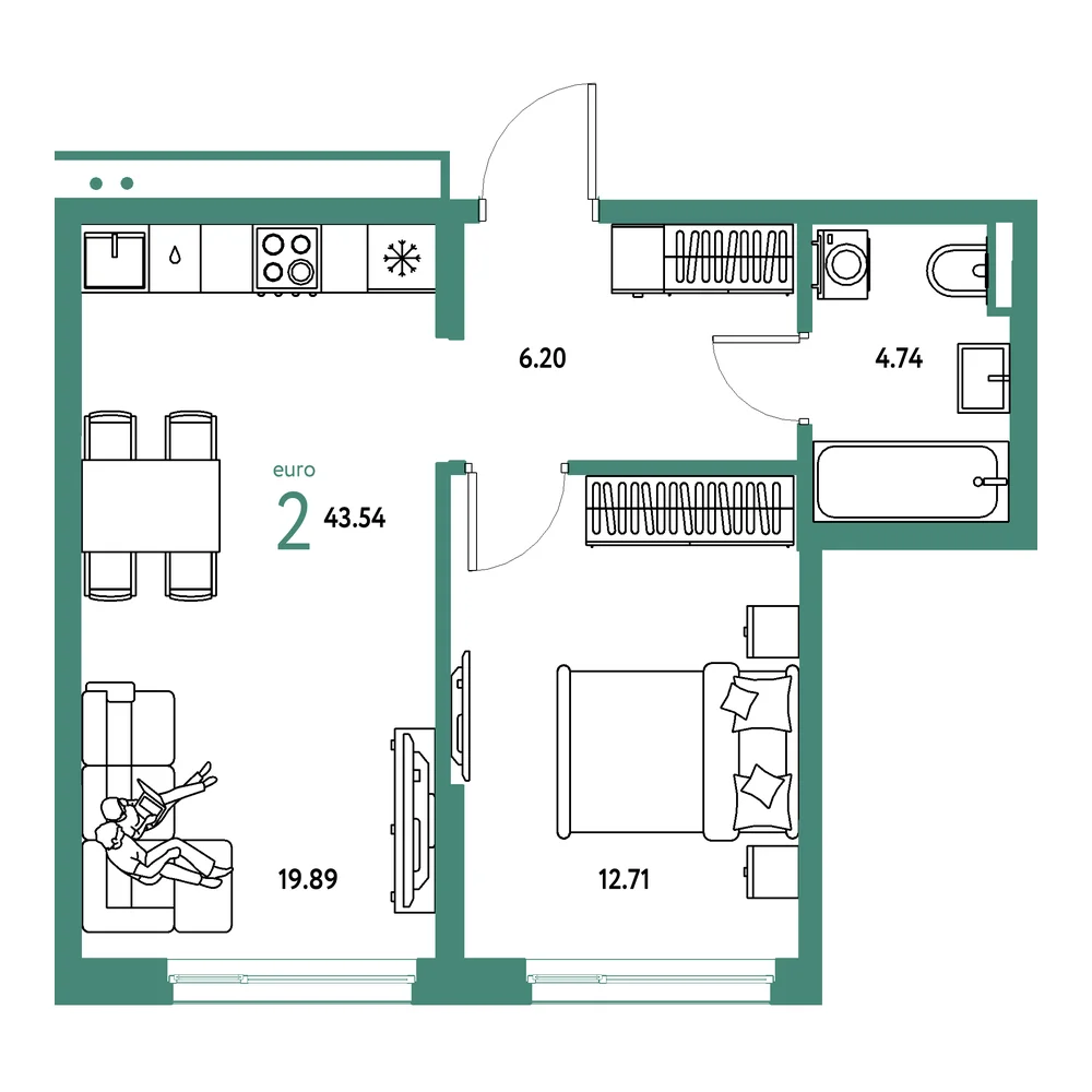 Планировка: Страна.Прибрежная 2-комнатная 43,54м²