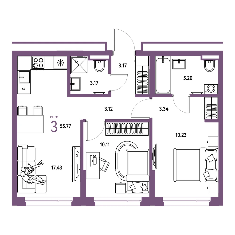 Планировка: Страна.Прибрежная 3-комнатная 55,77м²