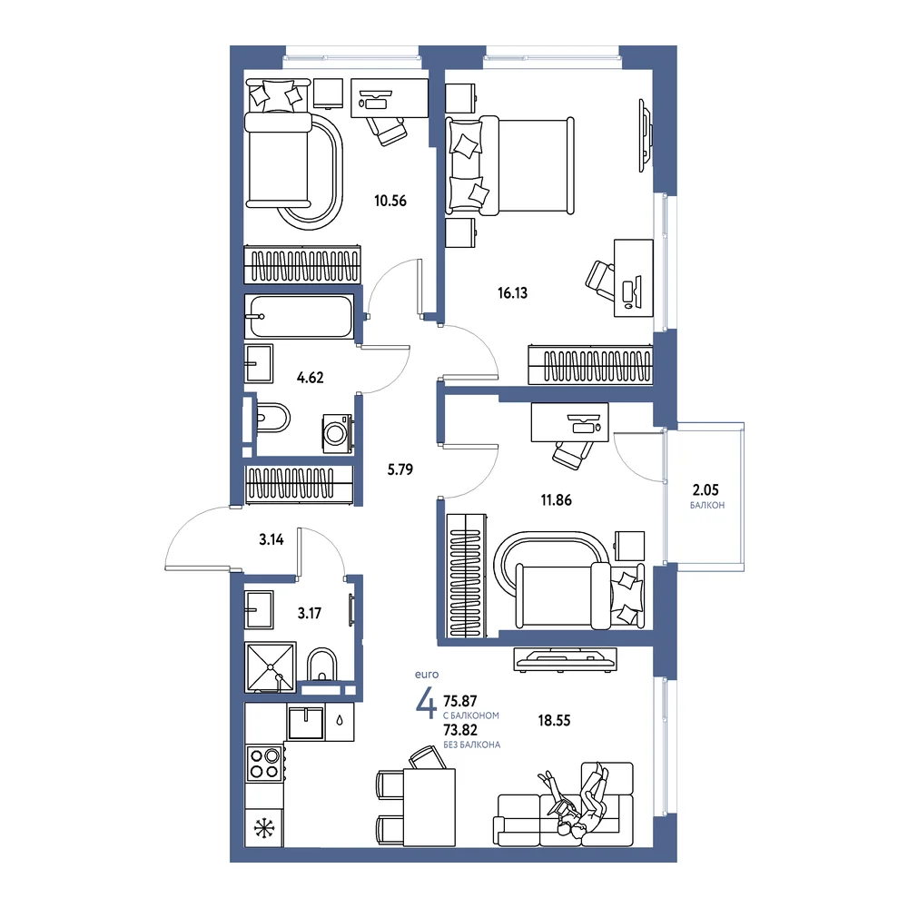 Планировка: Страна.Прибрежная 4-комнатная 75,87м²