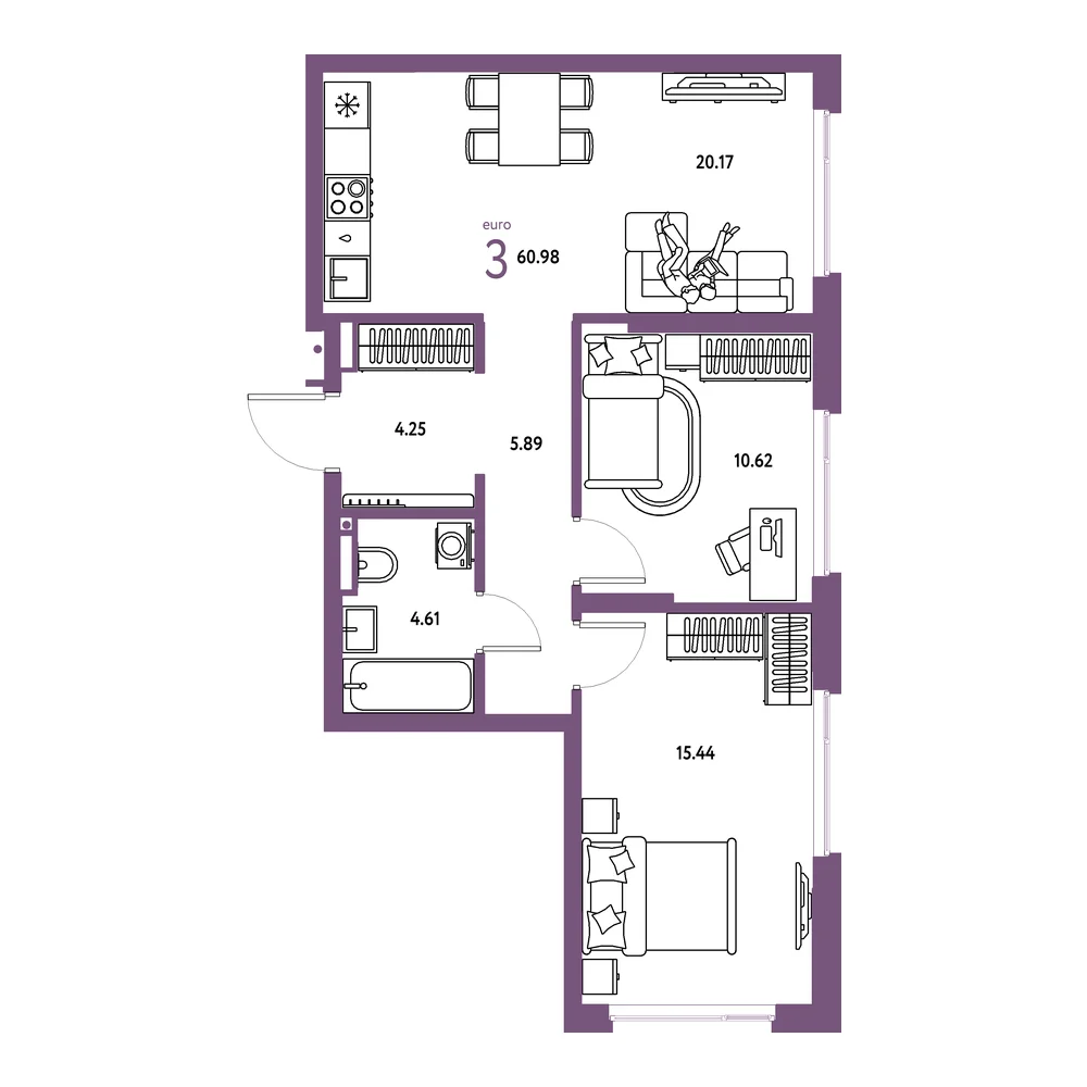 Планировка: Страна.Прибрежная 3-комнатная 60,98м²