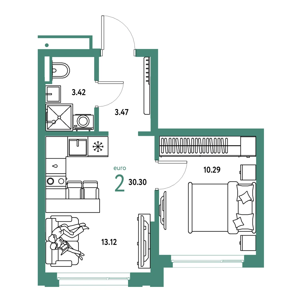 Планировка: Страна.Прибрежная 2-комнатная 30,30м²