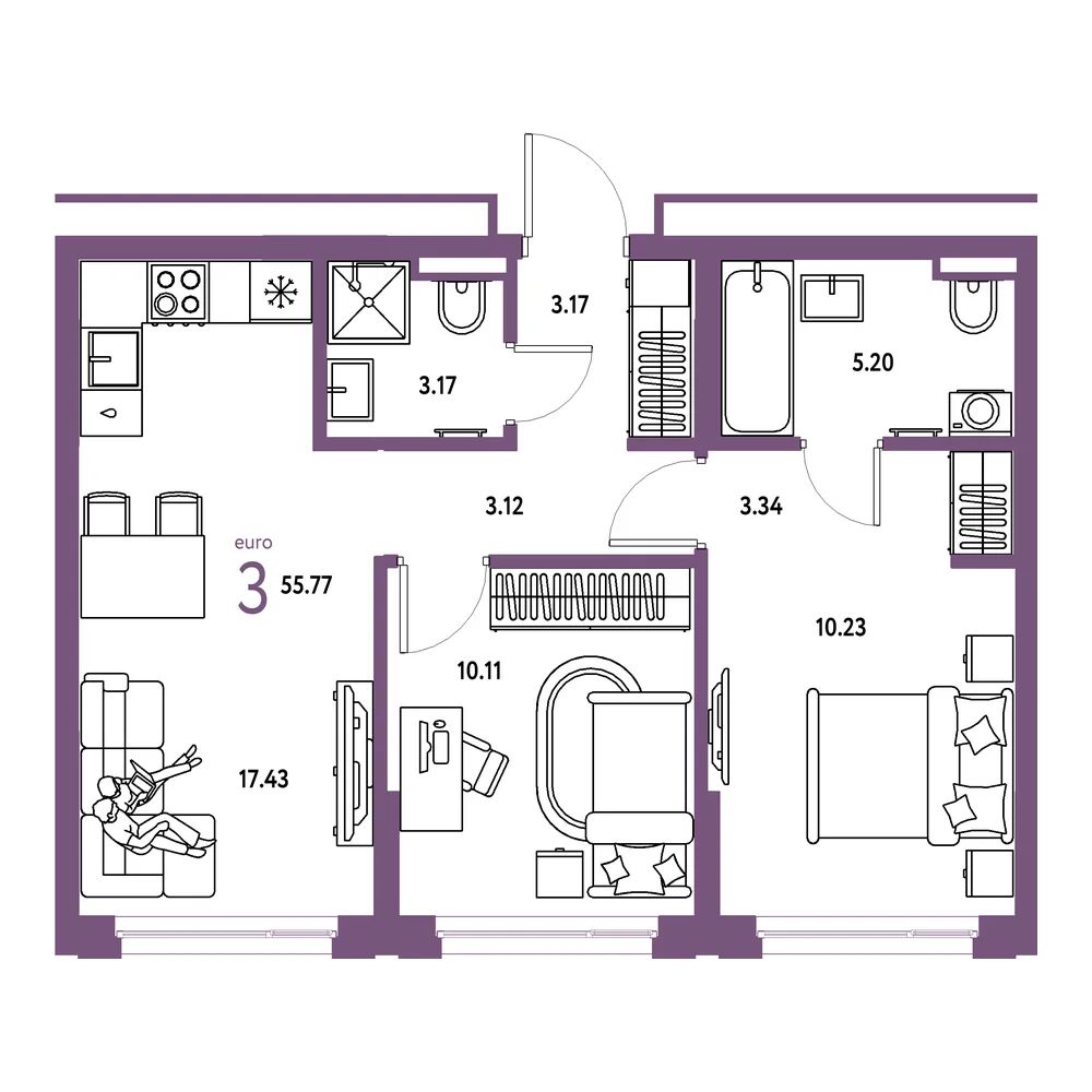 Планировка: Страна.Прибрежная 3-комнатная 55,77м²