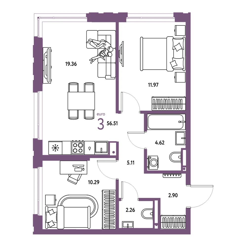 Планировка: Страна.Прибрежная 3-комнатная 56,51м²