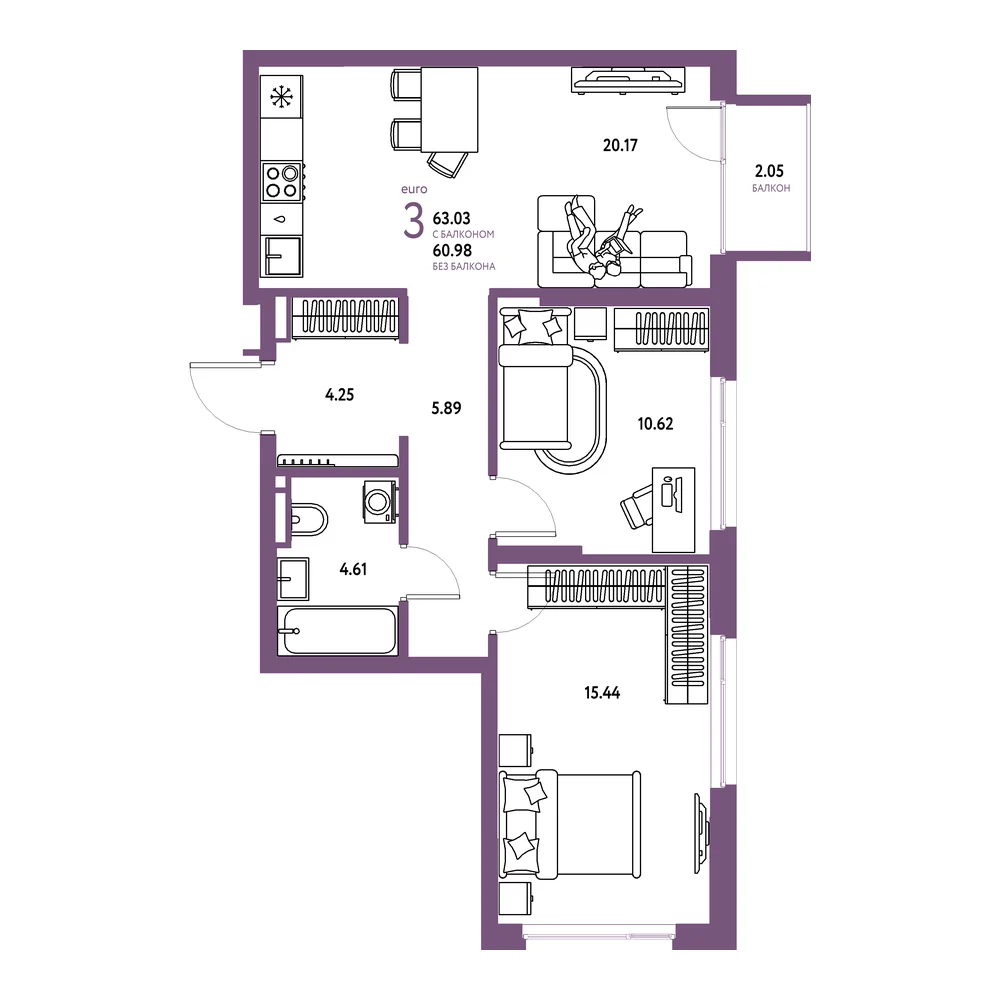 Планировка: Страна.Прибрежная 3-комнатная 63,03м²