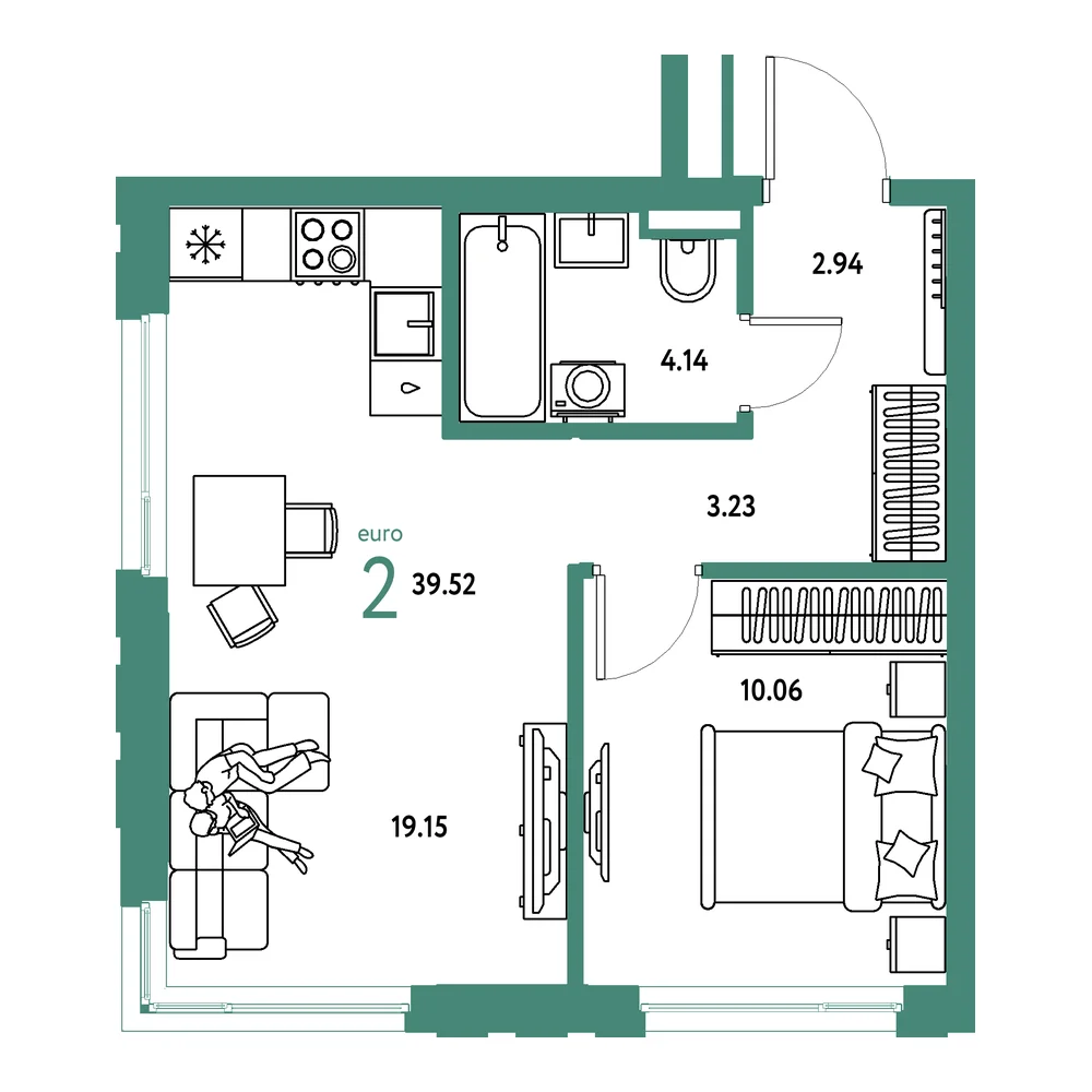 Планировка: Страна.Прибрежная 2-комнатная 39,52м²