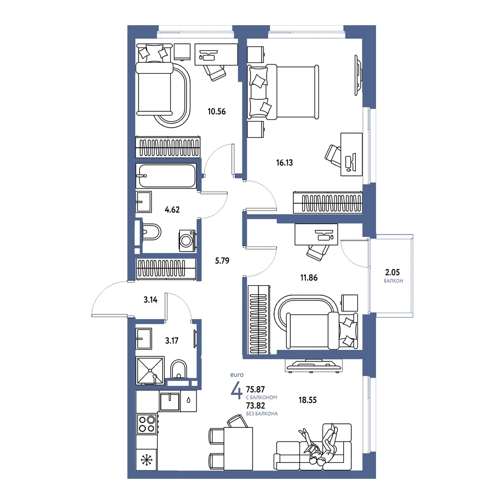 Планировка: Страна.Прибрежная 4-комнатная 75,87м²