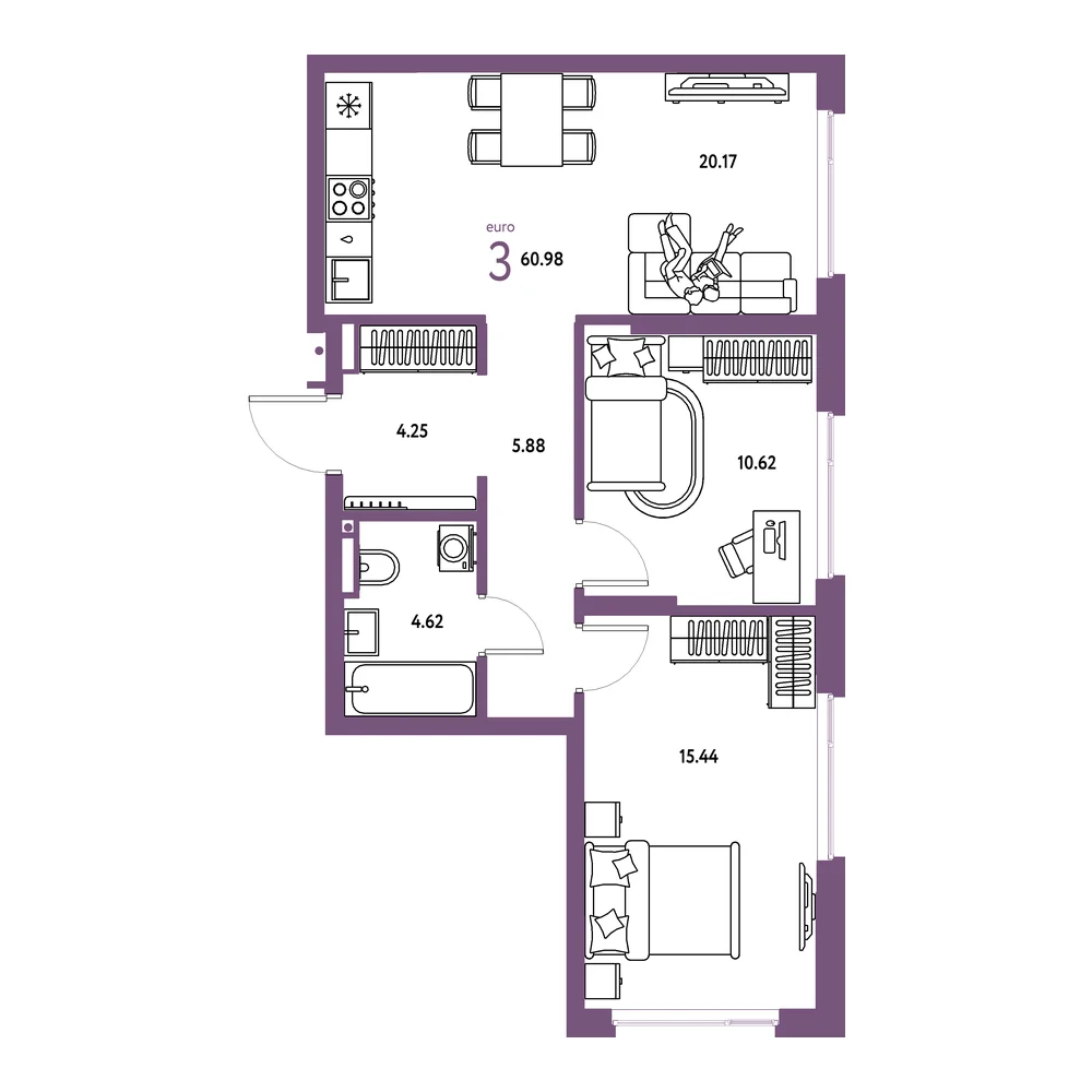 Планировка: Страна.Прибрежная 3-комнатная 60,98м²