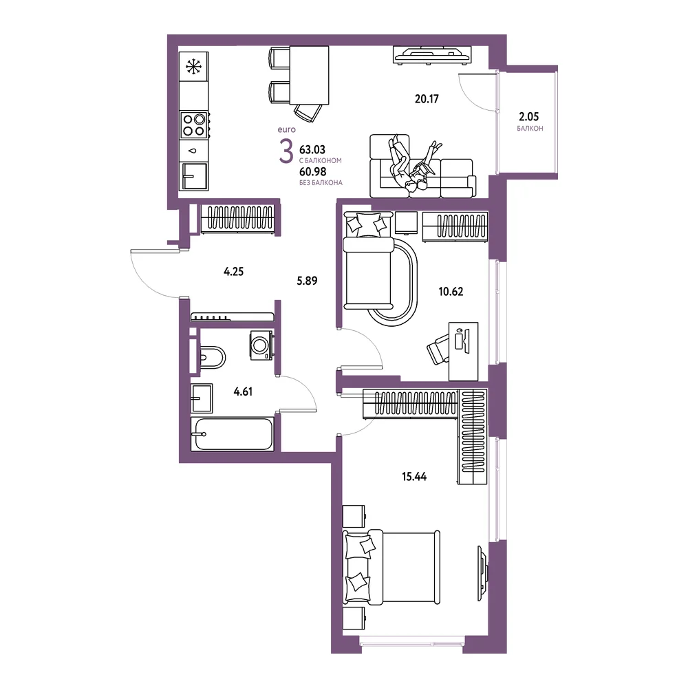 Планировка: Страна.Прибрежная 3-комнатная 63,03м²