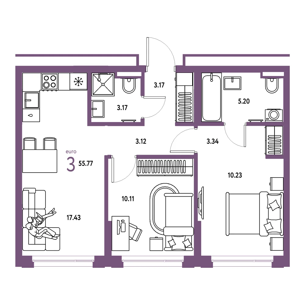 Планировка: Страна.Прибрежная 3-комнатная 55,77м²