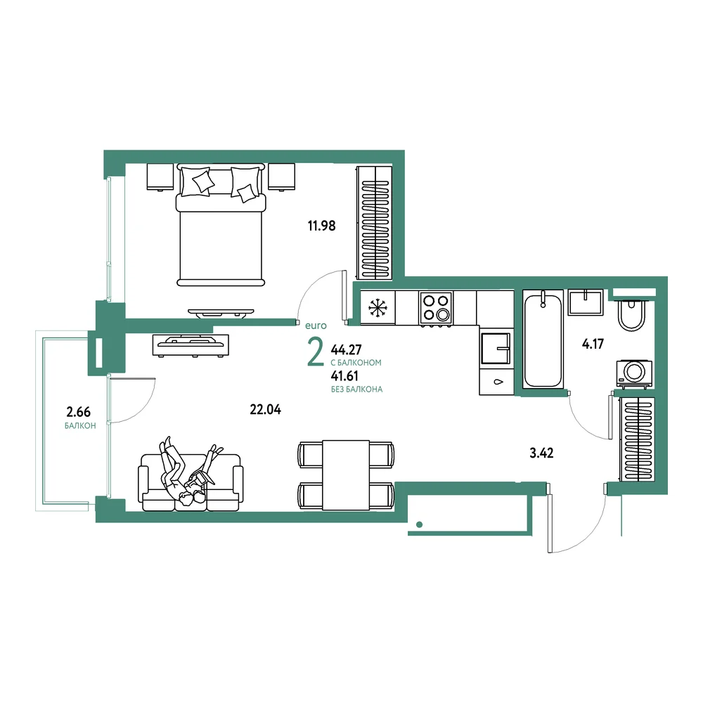 Планировка: Страна.Прибрежная 2-комнатная 44,27м²