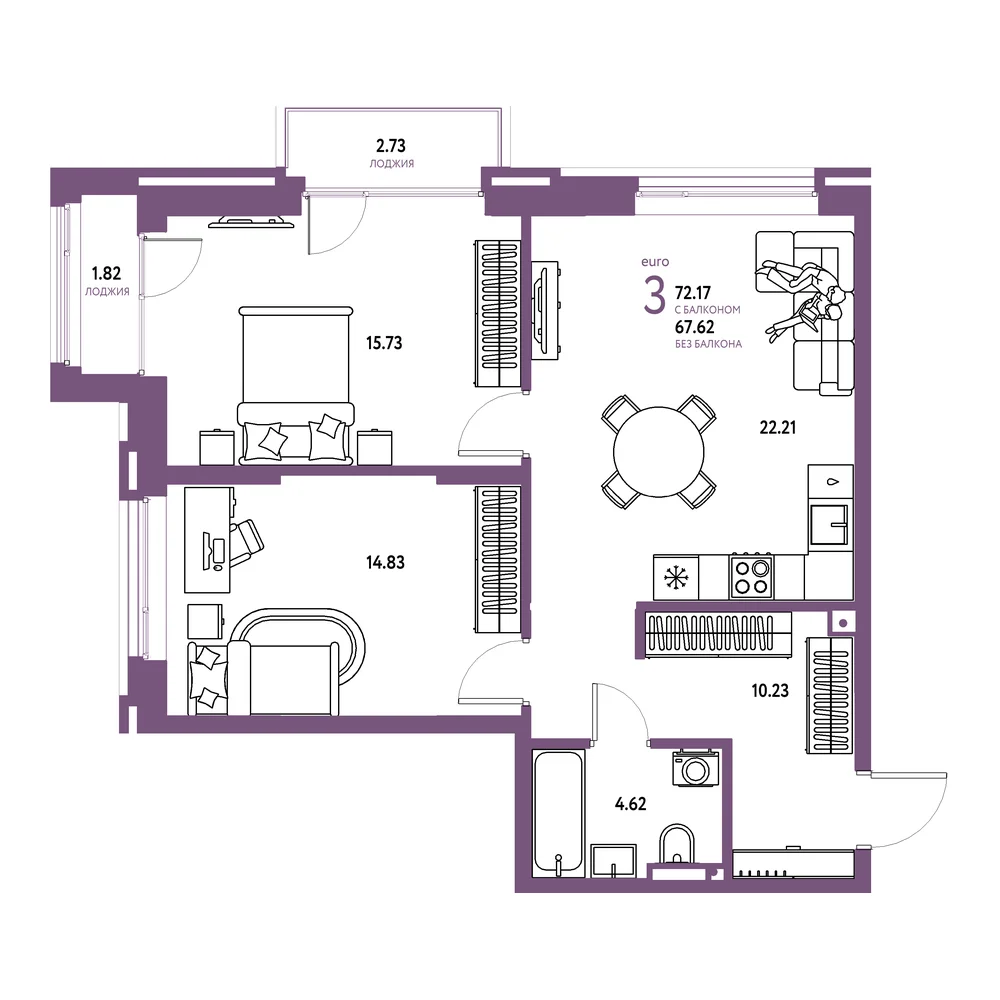 Планировка: Страна.Прибрежная 3-комнатная 72,17м²