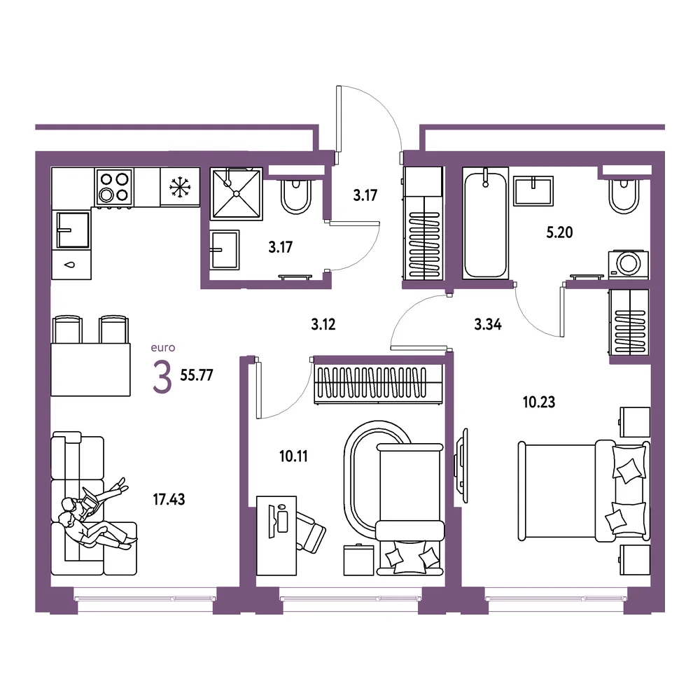Планировка: Страна.Прибрежная 3-комнатная 55,77м²