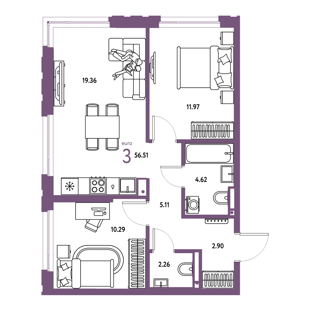 Планировка: Страна.Прибрежная 3-комнатная 56,51м²