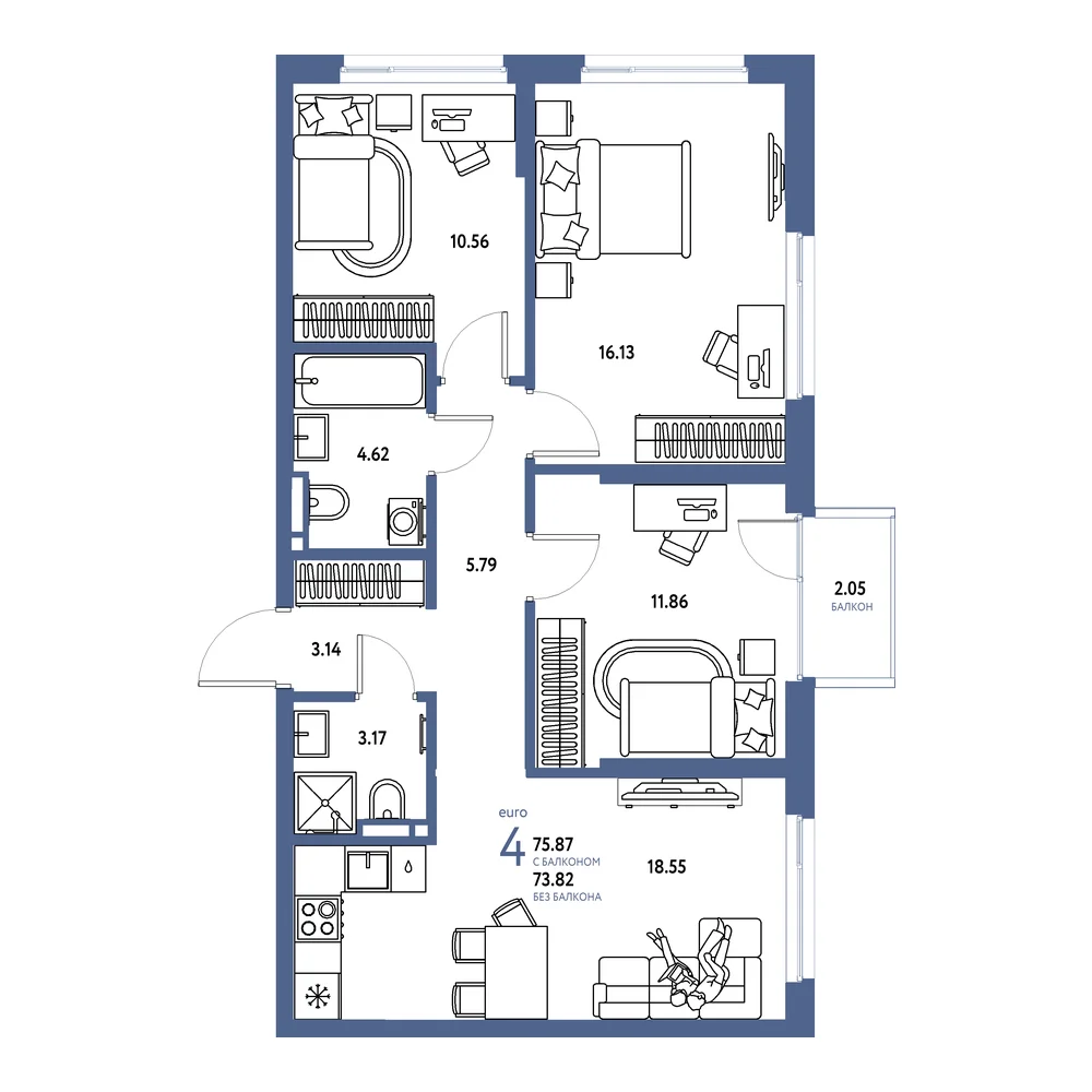 Планировка: Страна.Прибрежная 4-комнатная 75,87м²