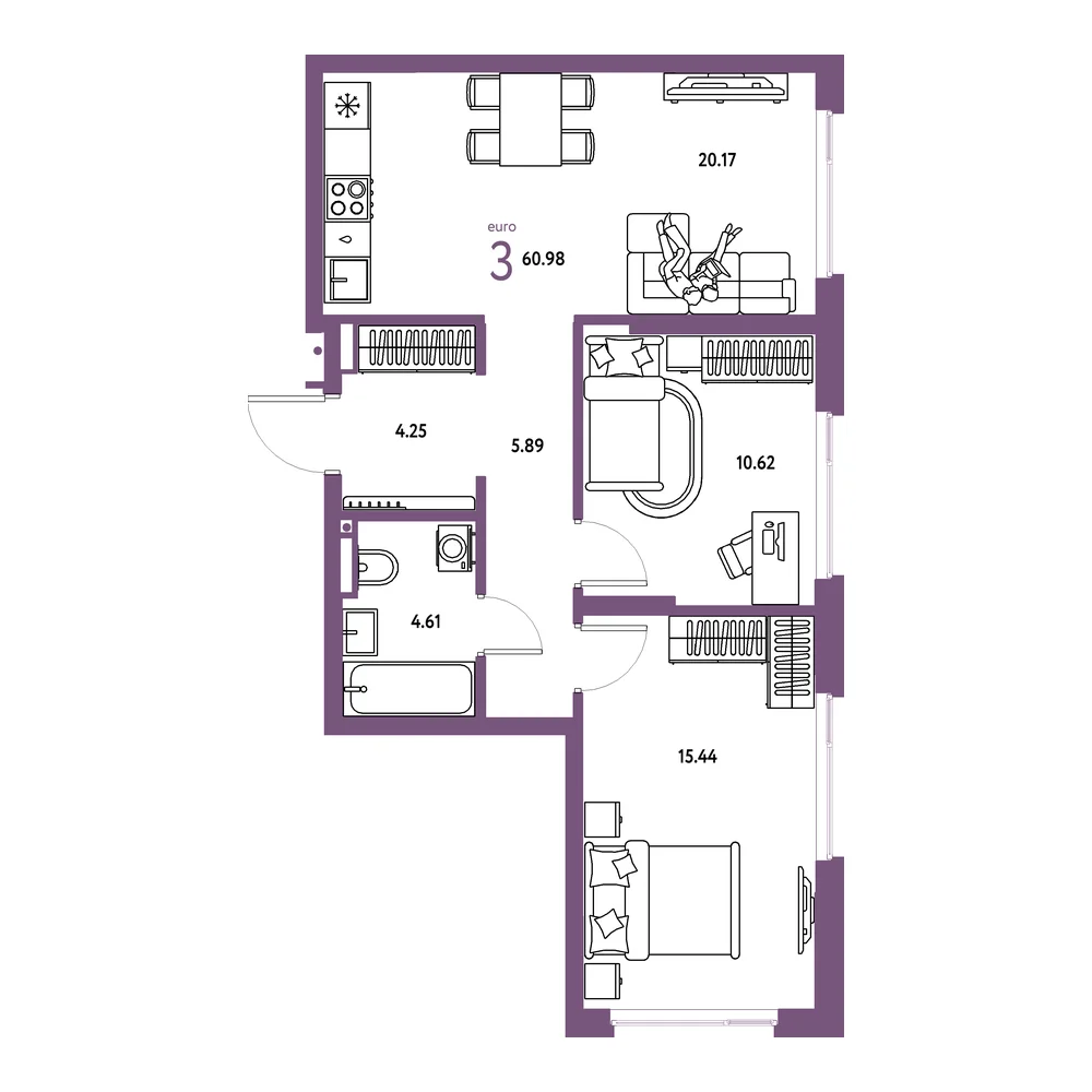 Планировка: Страна.Прибрежная 3-комнатная 60,98м²