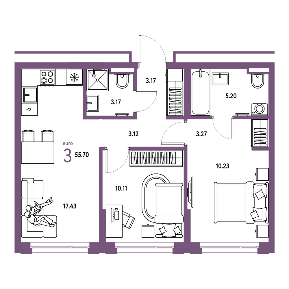 Планировка: Страна.Прибрежная 3-комнатная 55,70м²