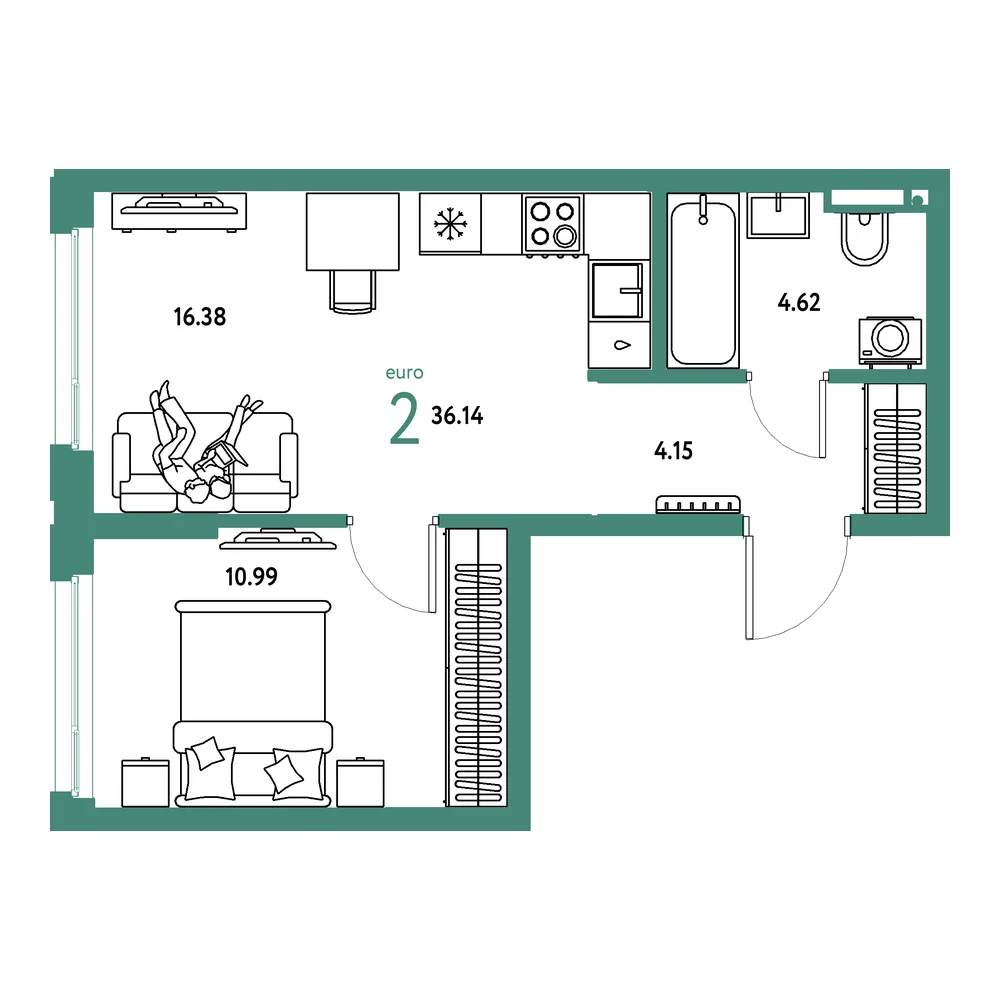 Планировка: Страна.Прибрежная 2-комнатная 36,14м²