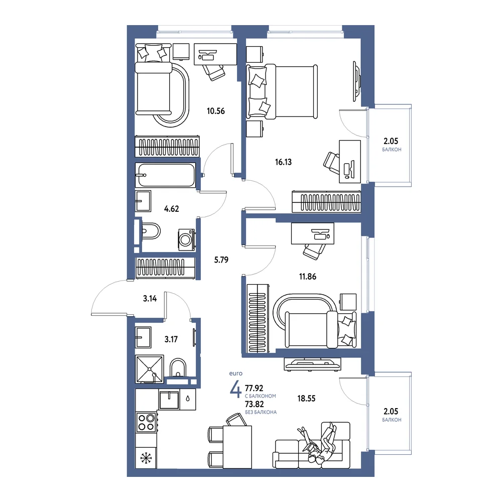 Планировка: Страна.Прибрежная 4-комнатная 77,92м²