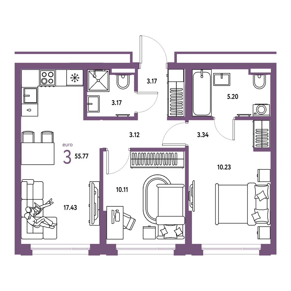 Планировка: Страна.Прибрежная 3-комнатная 55,77м²