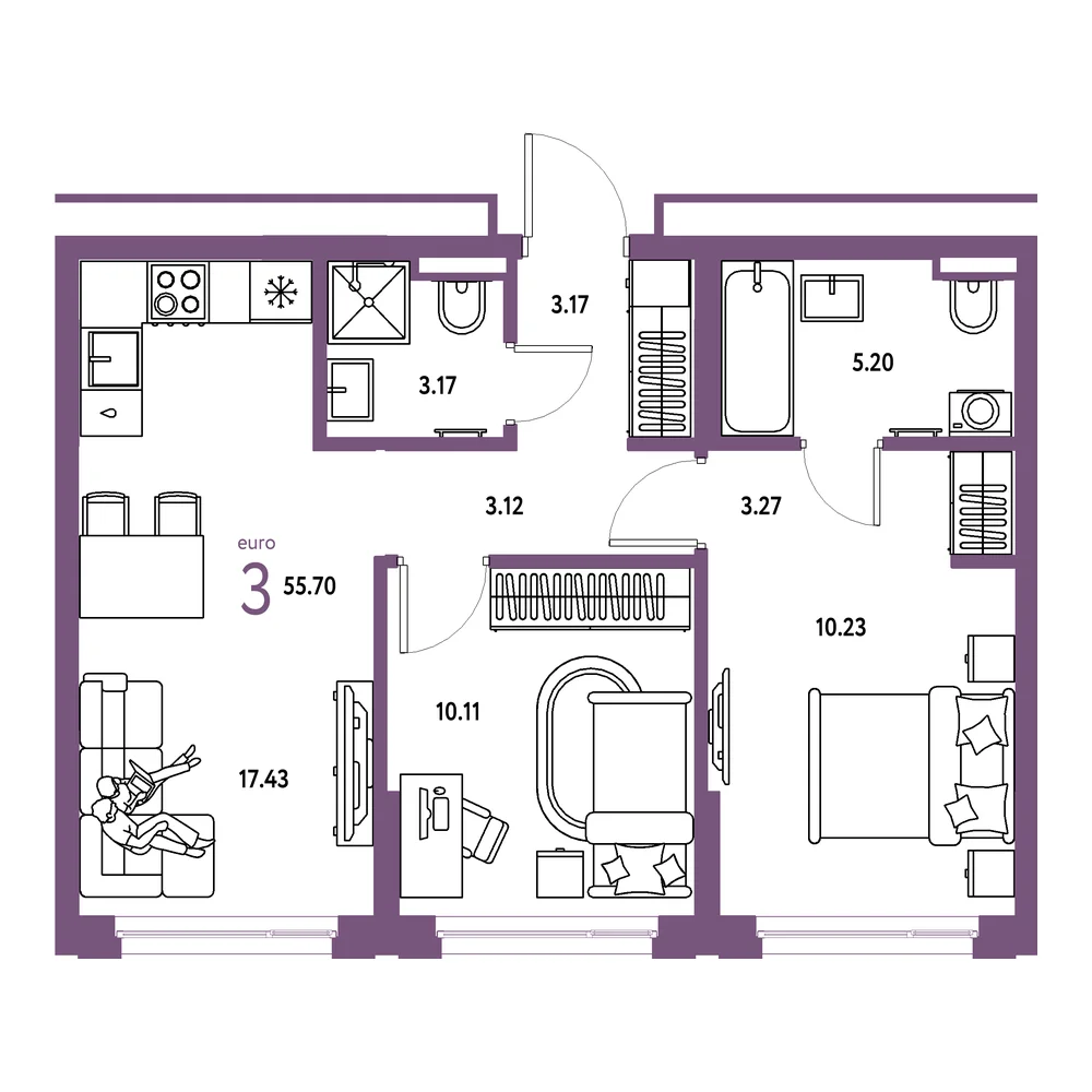 Планировка: Страна.Прибрежная 3-комнатная 55,70м²