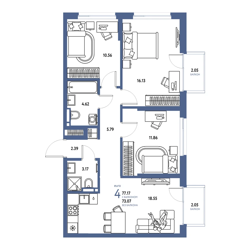 Планировка: Страна.Прибрежная 4-комнатная 77,17м²