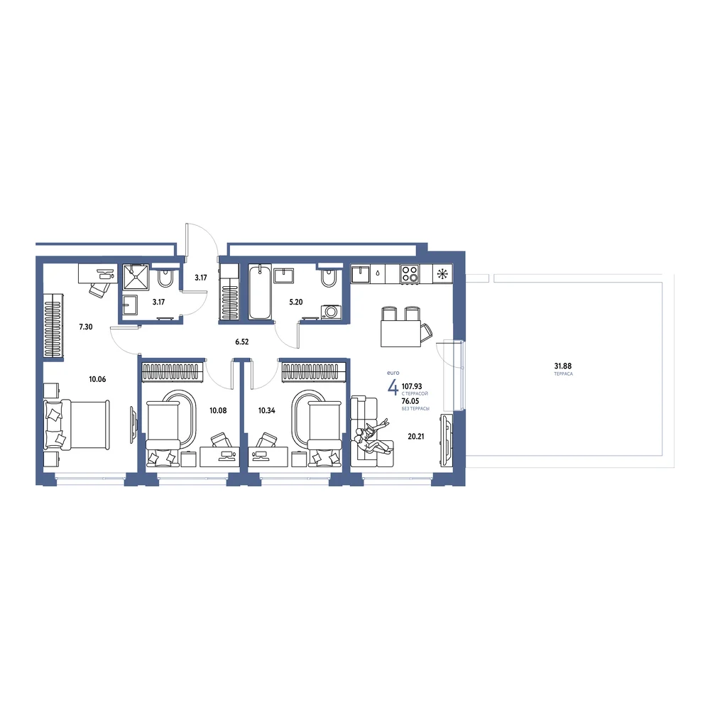 Планировка: Страна.Прибрежная 4-комнатная 107,93м²