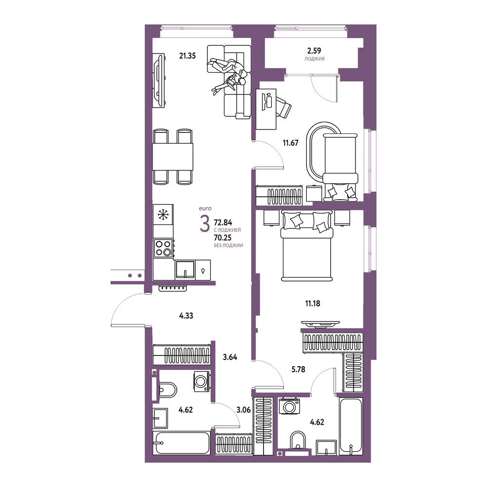 Планировка: Страна.Прибрежная 3-комнатная 72,84м²