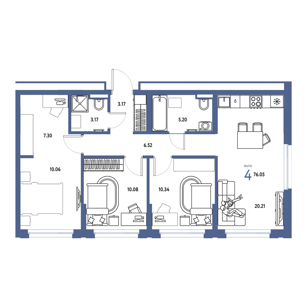 Планировка: Страна.Прибрежная 4-комнатная 76,05м²