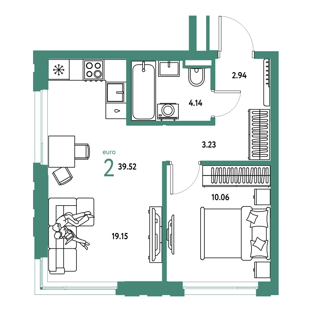 Планировка: Страна.Прибрежная 2-комнатная 39,52м²