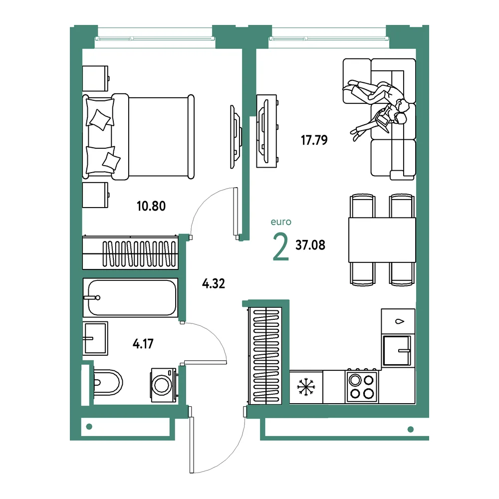 Планировка: Страна.Прибрежная 2-комнатная 37,08м²