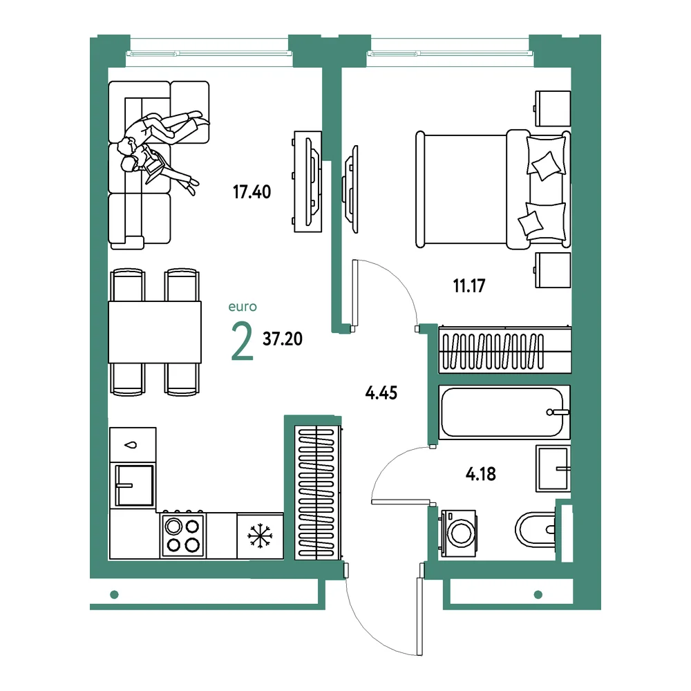 Планировка: Страна.Прибрежная 2-комнатная 37,20м²