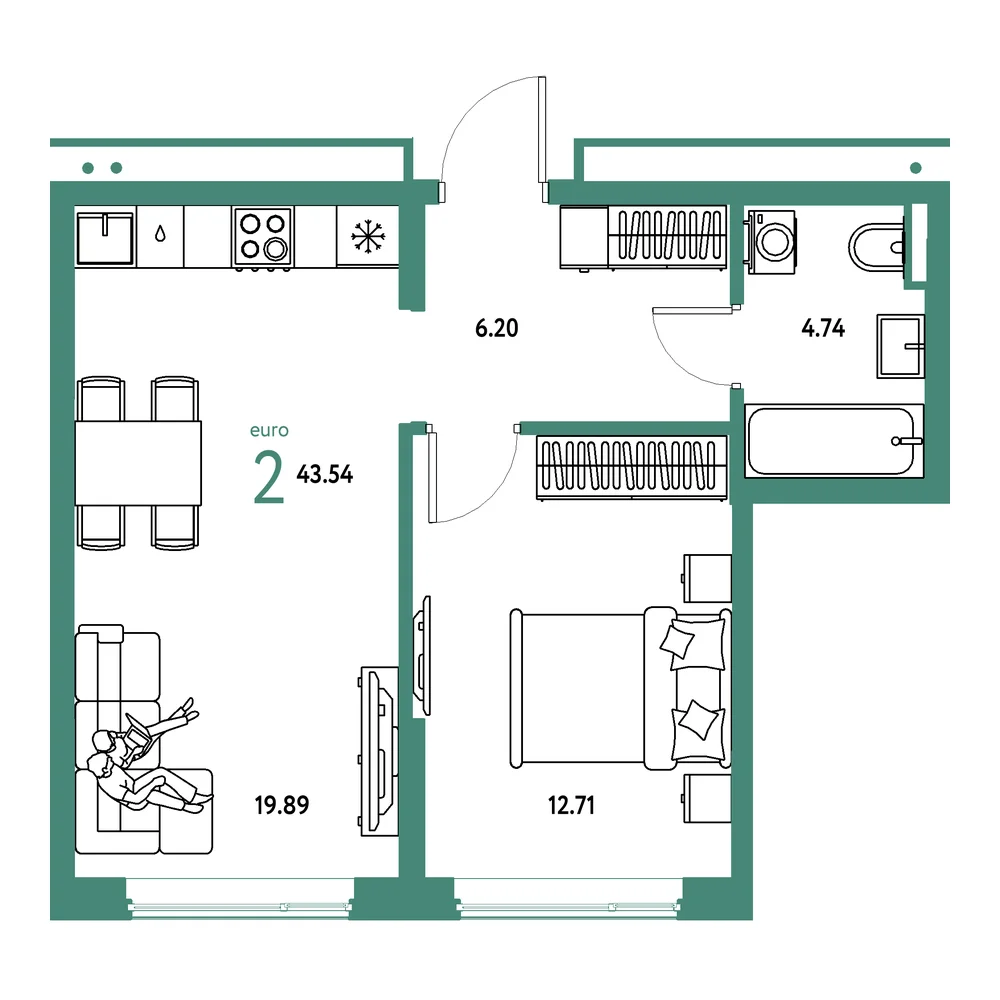 Планировка: Страна.Прибрежная 2-комнатная 43,54м²