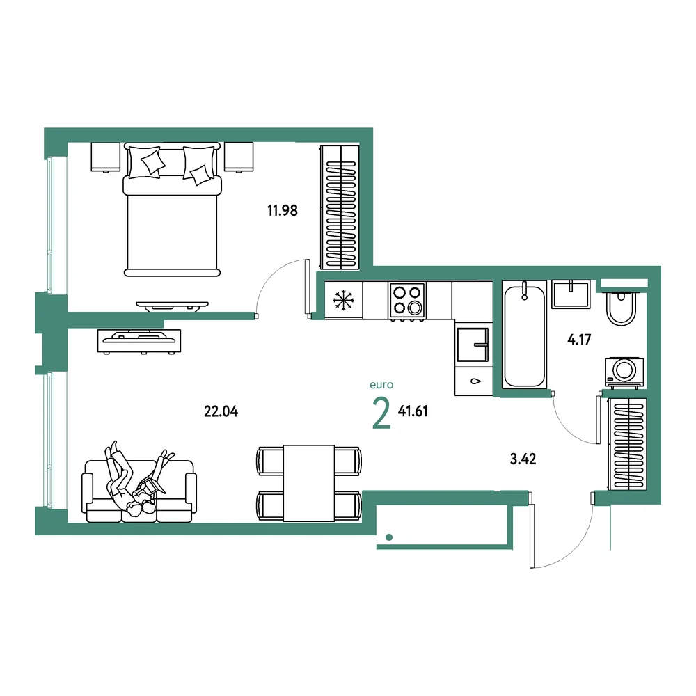 Планировка: Страна.Прибрежная 2-комнатная 41,61м²