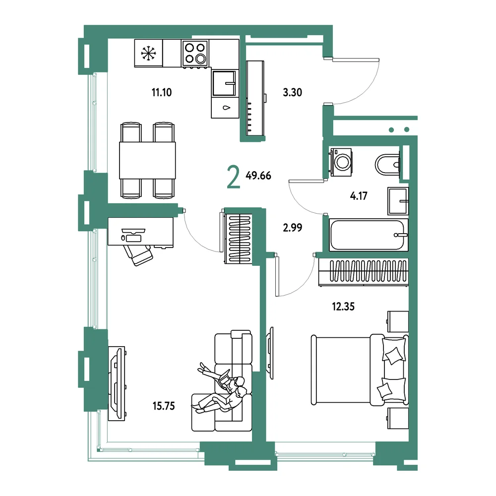 Планировка: Страна.Прибрежная 2-комнатная 49,66м²
