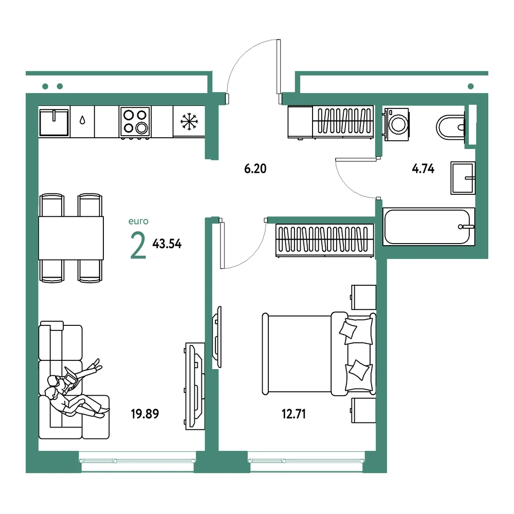 Планировка: Страна.Прибрежная 2-комнатная 43,54м²