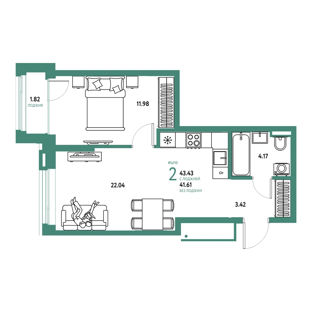Планировка: Страна.Прибрежная 2-комнатная 43,43м²