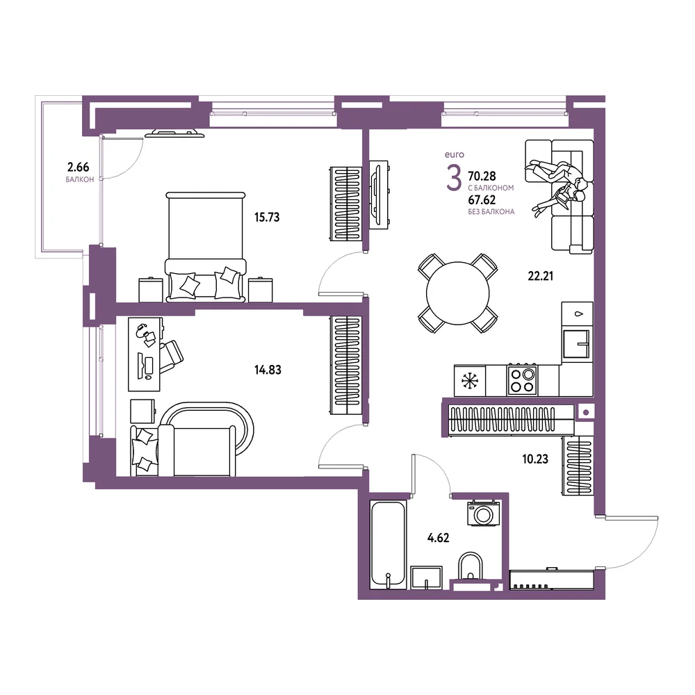 Планировка: Страна.Прибрежная 3-комнатная 70,28м²