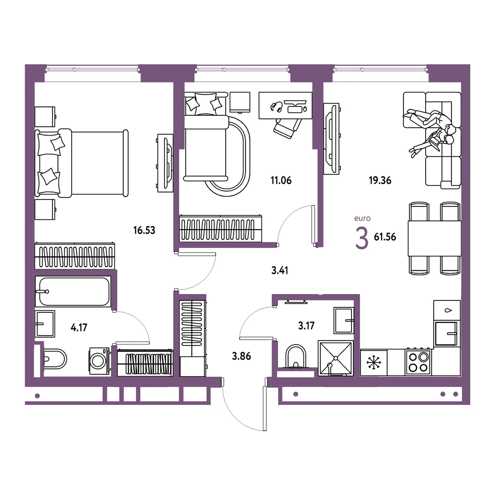 Планировка: Страна.Прибрежная 3-комнатная 61,56м²