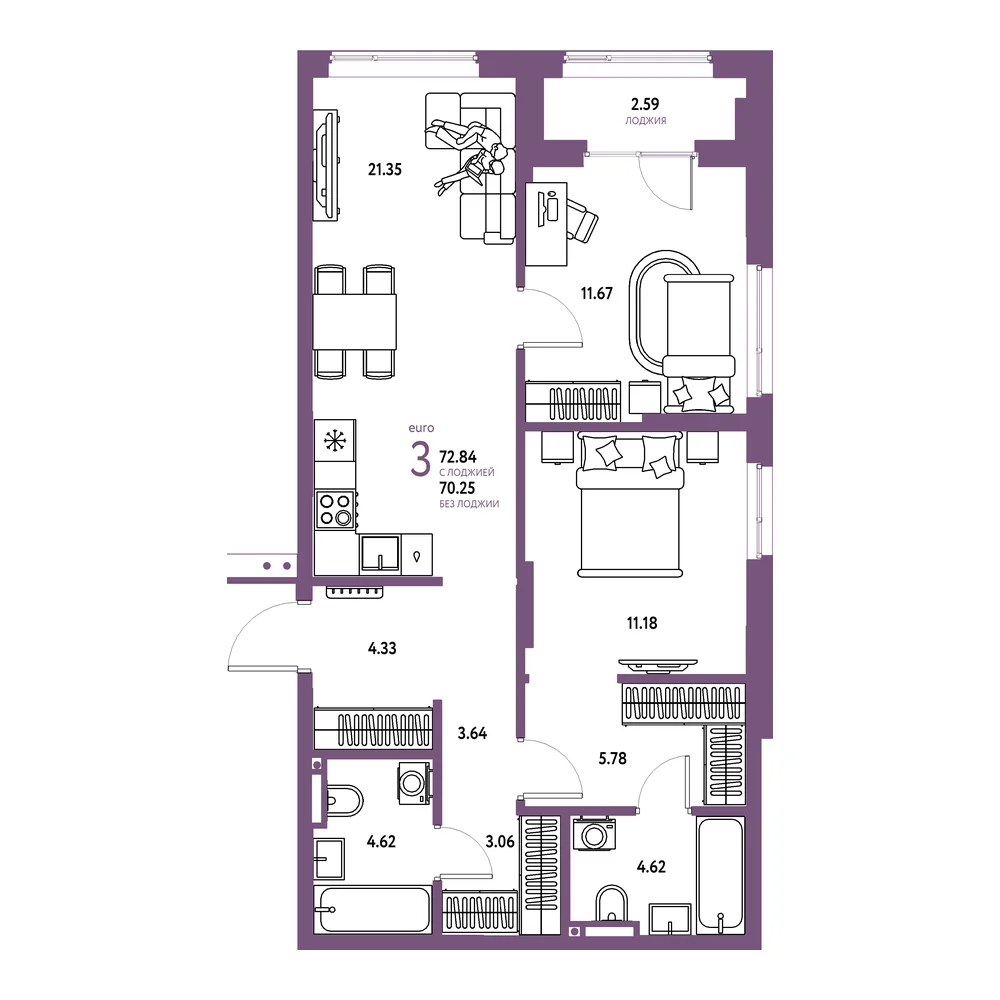 Планировка: Страна.Прибрежная 3-комнатная 72,84м²